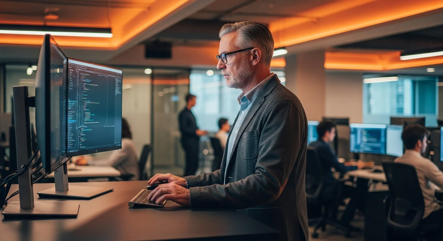 Senior backend developer reviewing code at a standing desk in a modern tech office