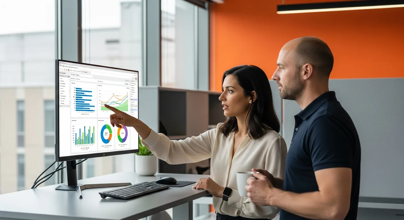 Data analyst and product manager collaborating over an analytics dashboard at a standing desk