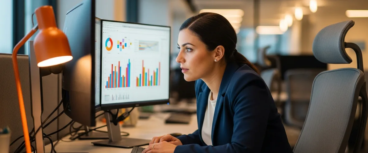 Data analyst reviewing business dashboard visualizations on dual monitors at a modern workstation