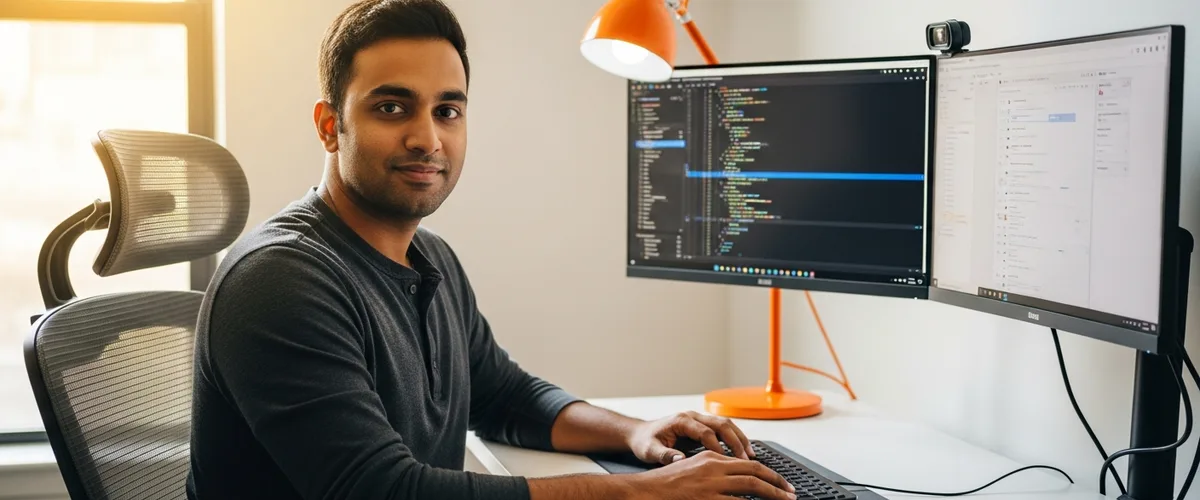 Full stack developer working at standing desk with dual monitors showing code editor and web application