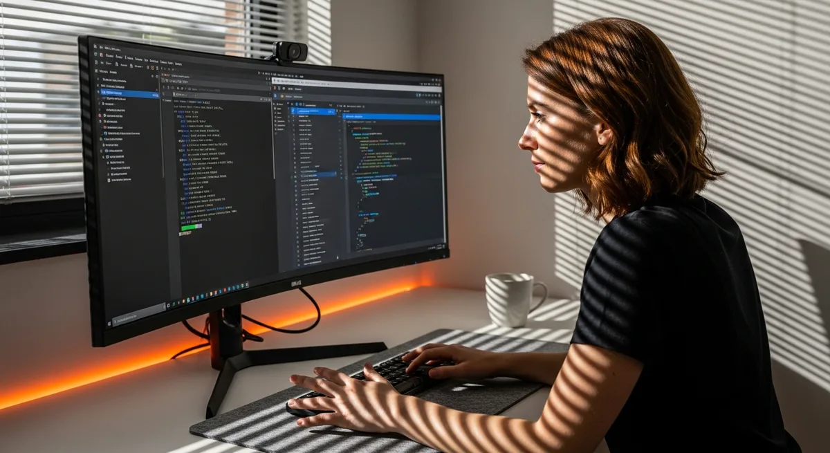 Senior software developer studying code on a curved monitor with terminal and VS Code open