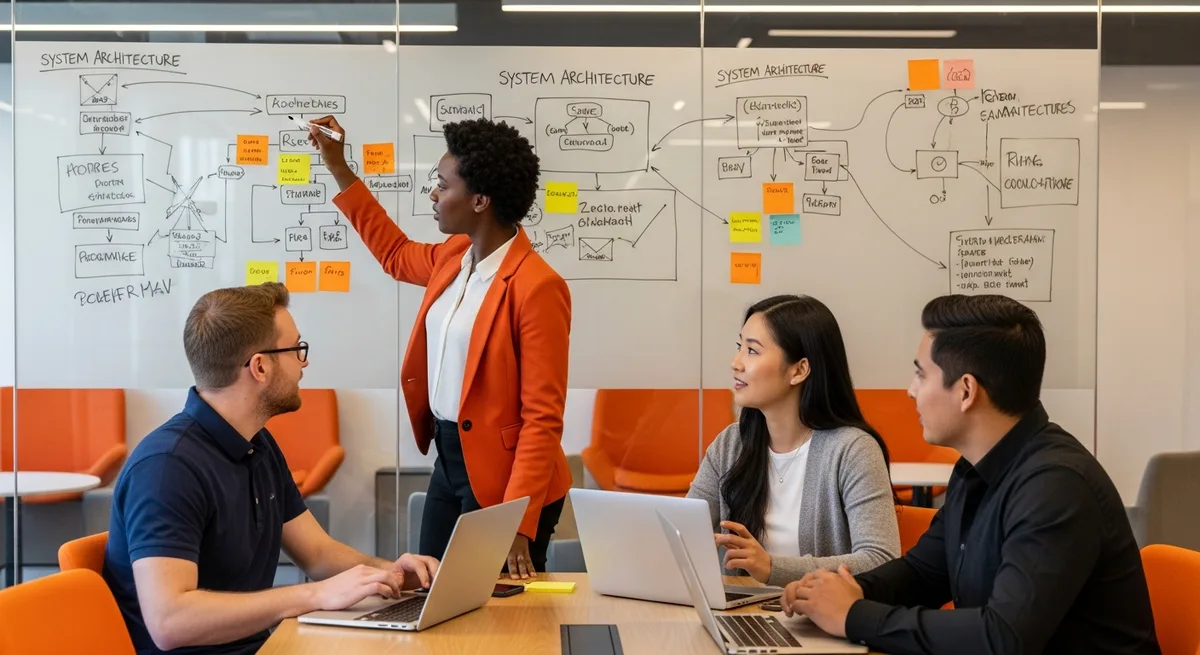 Diverse technology team collaborating around a whiteboard with architecture diagrams in a modern office