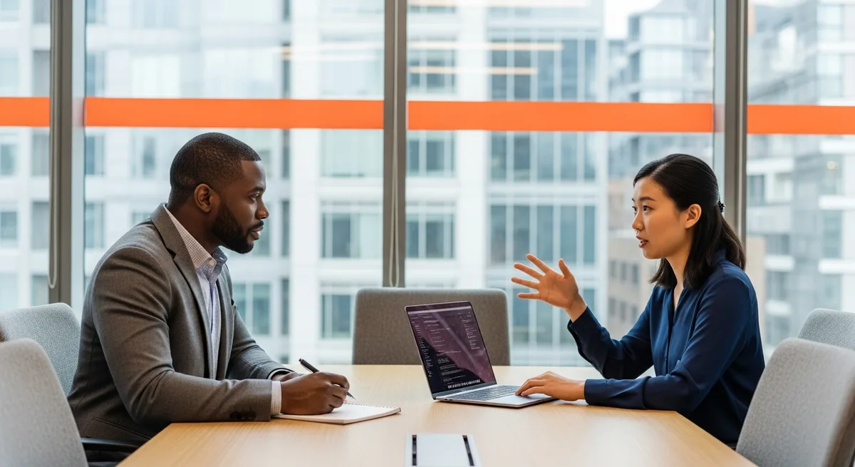 Two professionals in a technical interview with a laptop showing code review between them
