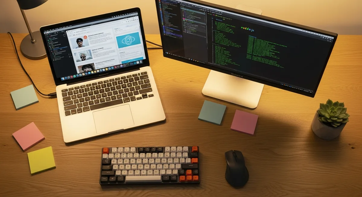 Overhead view of developer workspace with laptop, external monitor, mechanical keyboard with orange accents, and documentation
