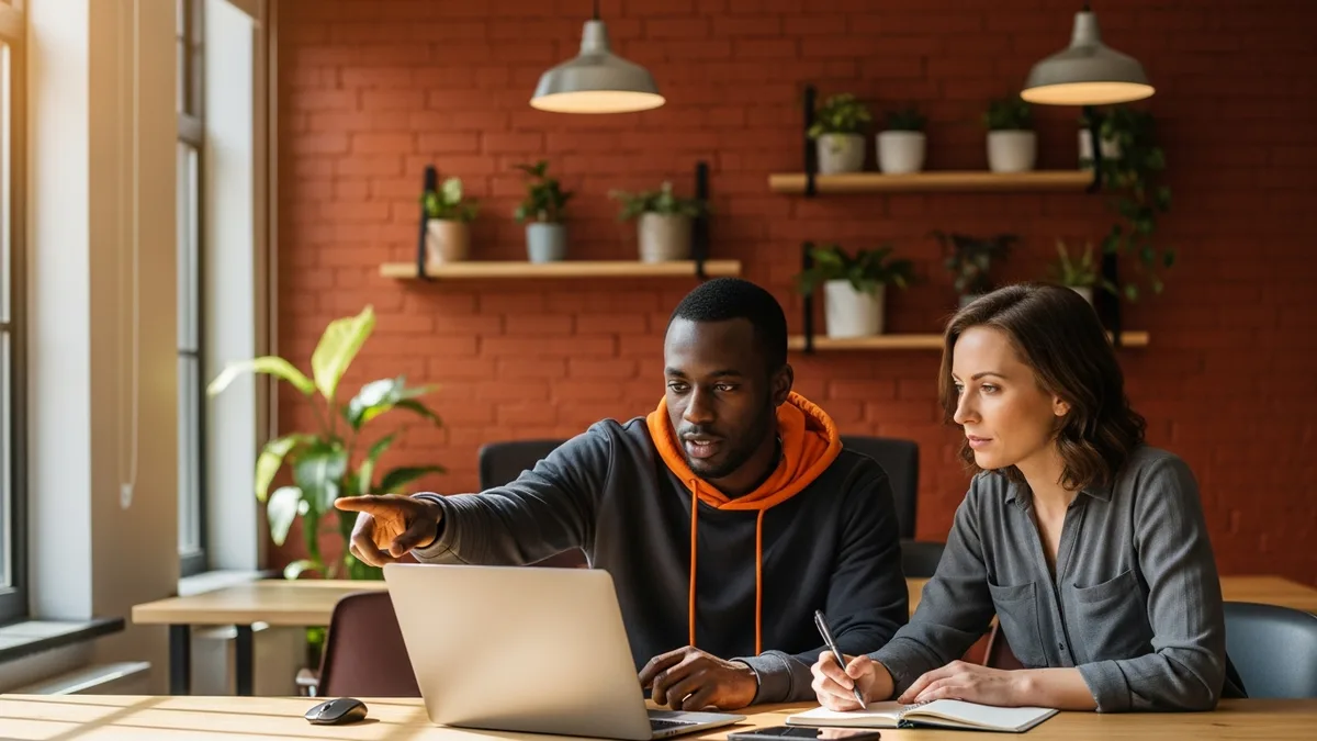 Two generative AI engineers collaborating on an LLM development project at a shared workstation in a modern office
