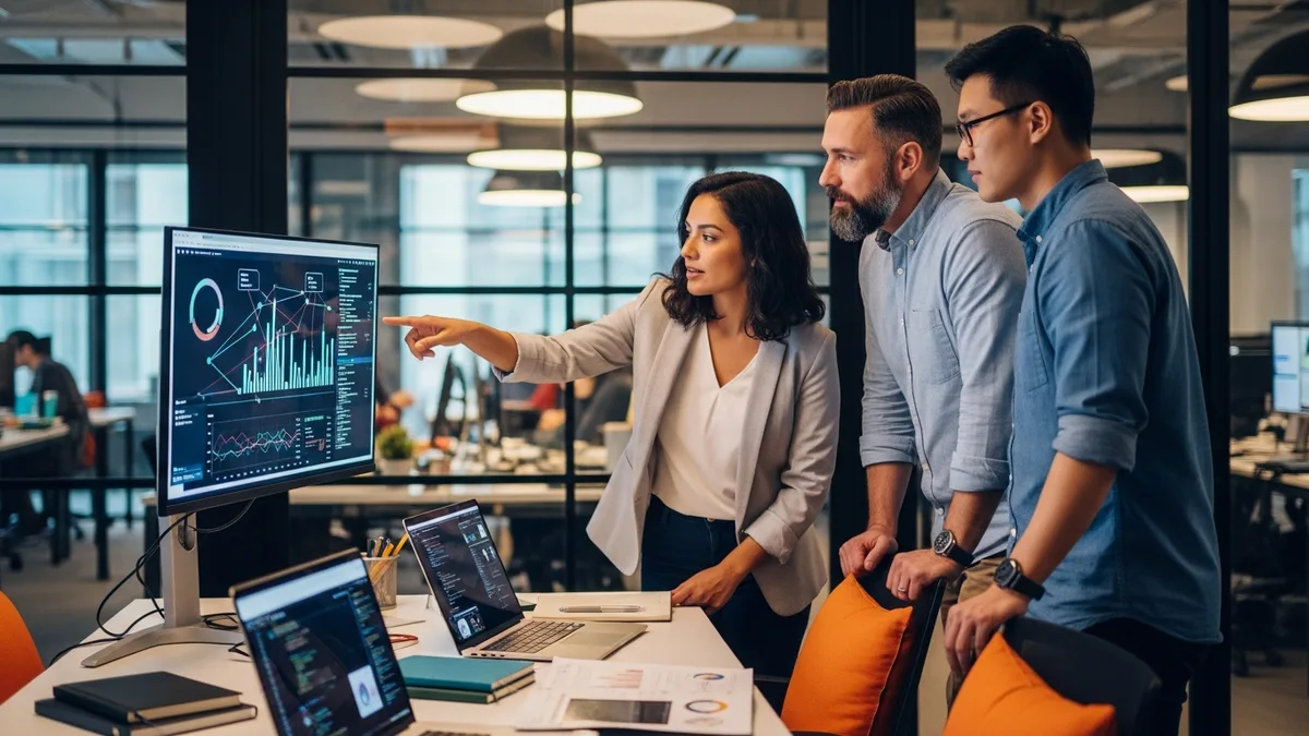 Team of generative AI engineers reviewing model outputs and data visualizations together in a conference room