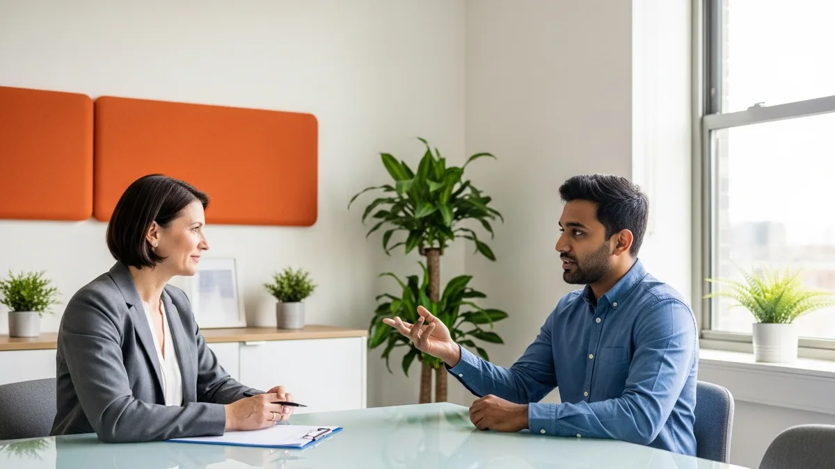 Hiring manager conducting a technical interview with a generative AI engineering candidate at a tech company