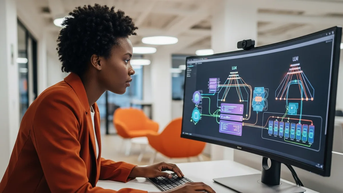 Generative AI engineer reviewing LLM architecture diagrams on dual monitors at a tech company workstation