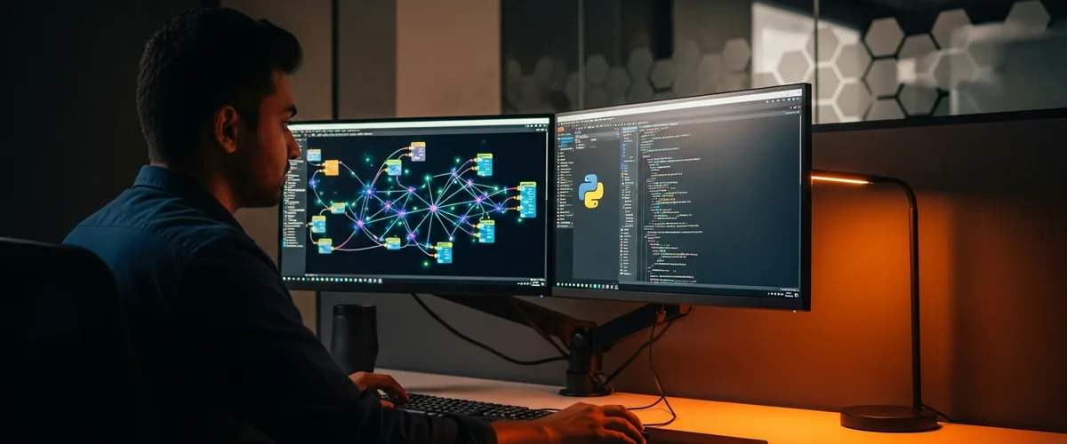 Generative AI engineer at a modern workstation with orange accent lighting, KORE1 staffing