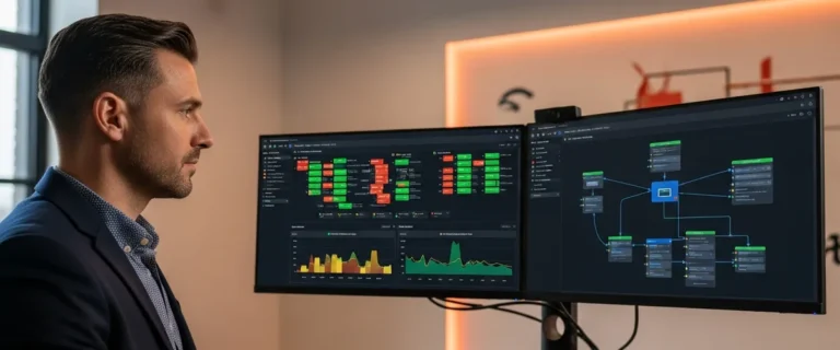 Kubernetes engineer reviewing cluster dashboards and container orchestration visualizations at a workstation