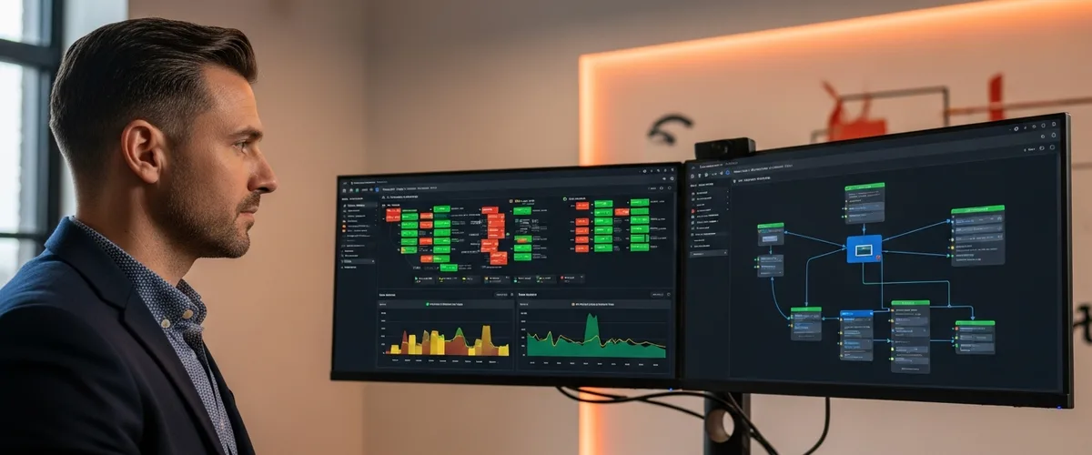 Kubernetes engineer reviewing cluster dashboards and container orchestration visualizations at a workstation
