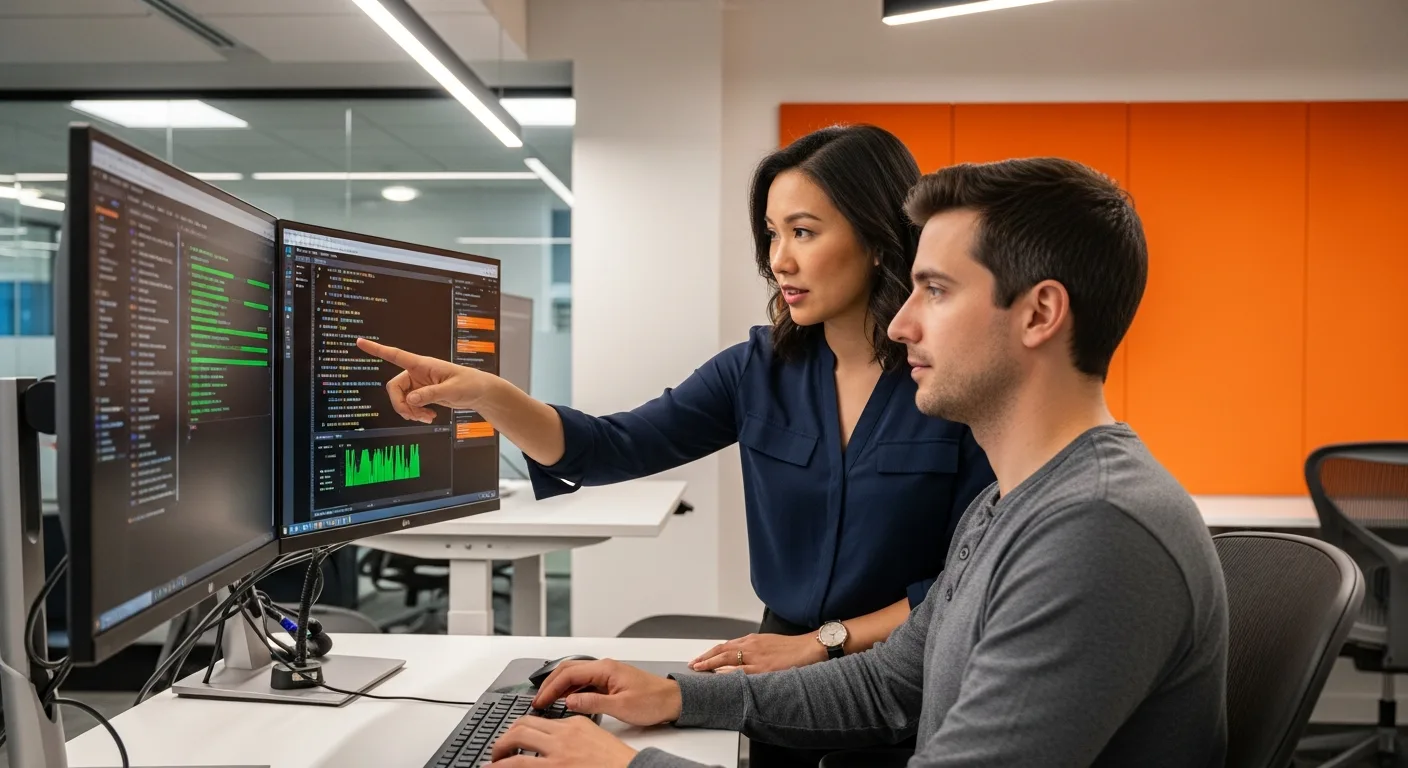 Two engineers pair-programming on Kubernetes infrastructure code with monitoring dashboards