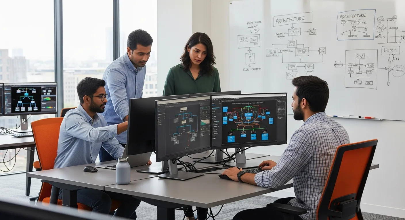Team of infrastructure engineers collaborating on Kubernetes deployment pipelines at workstations
