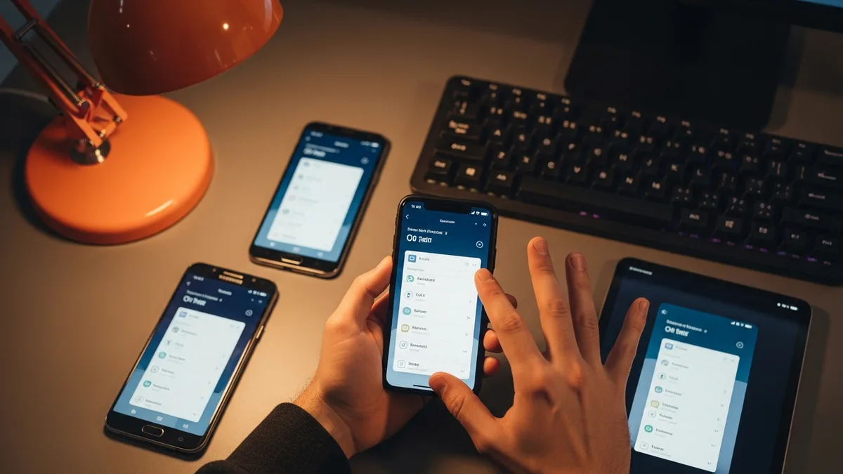Developer testing mobile application across multiple iOS and Android devices on a modern desk