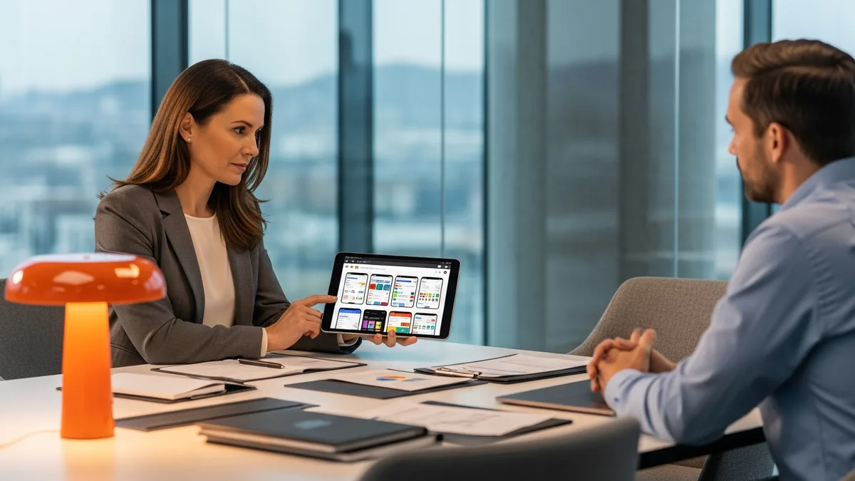 Hiring manager reviewing mobile app developer portfolio on tablet during a technical interview