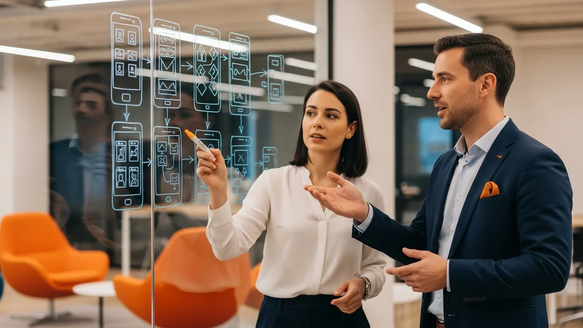 Two mobile app developers collaborating on wireframes and user flow diagrams at a glass whiteboard