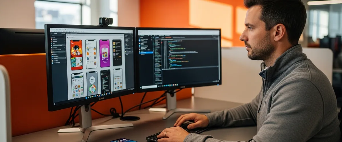 Mobile app developer reviewing iOS and Android app interfaces on dual monitors at a modern tech workstation