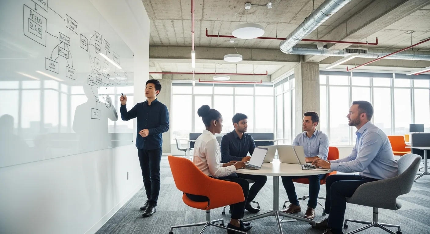 Tech team discussing Node.js system architecture at whiteboard in modern office