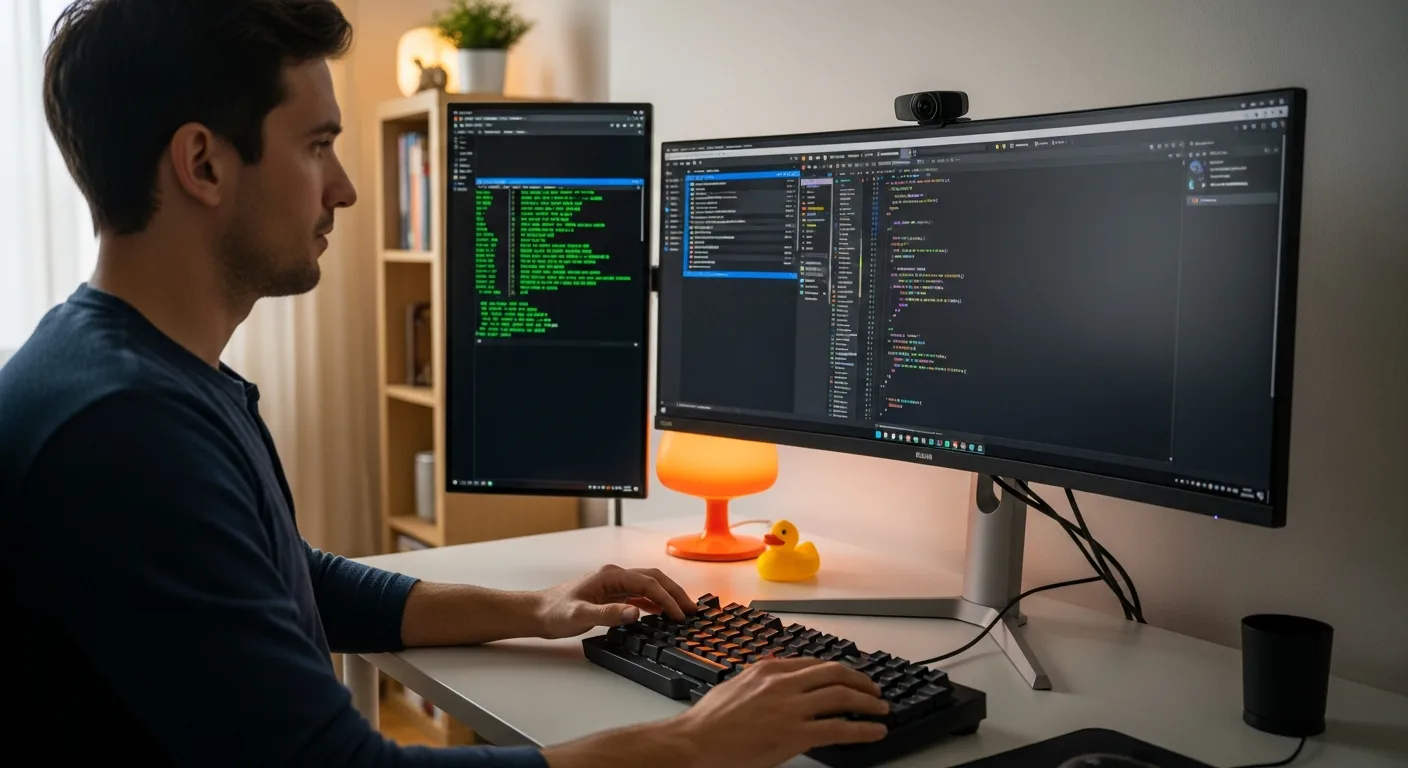 Node.js developer coding at modern desk with ultrawide monitor showing JavaScript code