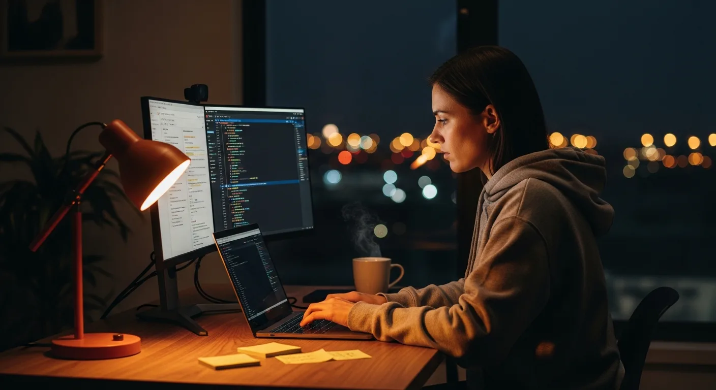 Remote Node.js engineer working in home office at night with laptop and external monitor
