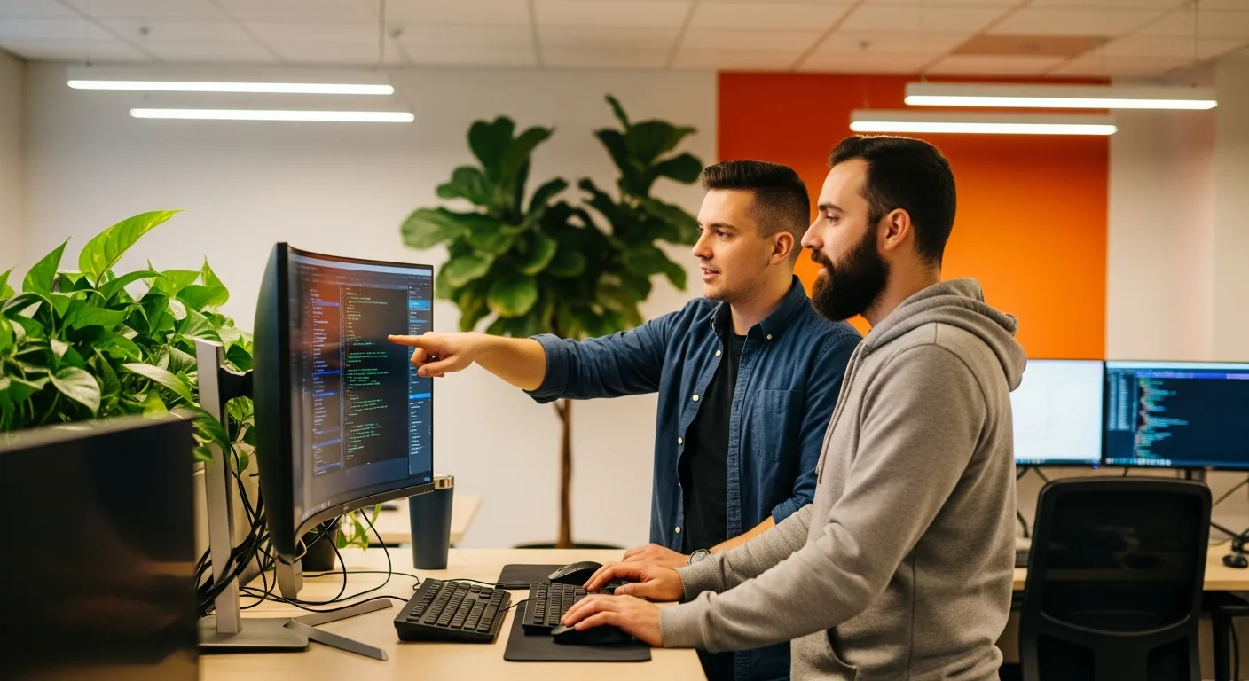 Two Node.js developers pair programming at a standing desk reviewing terminal output