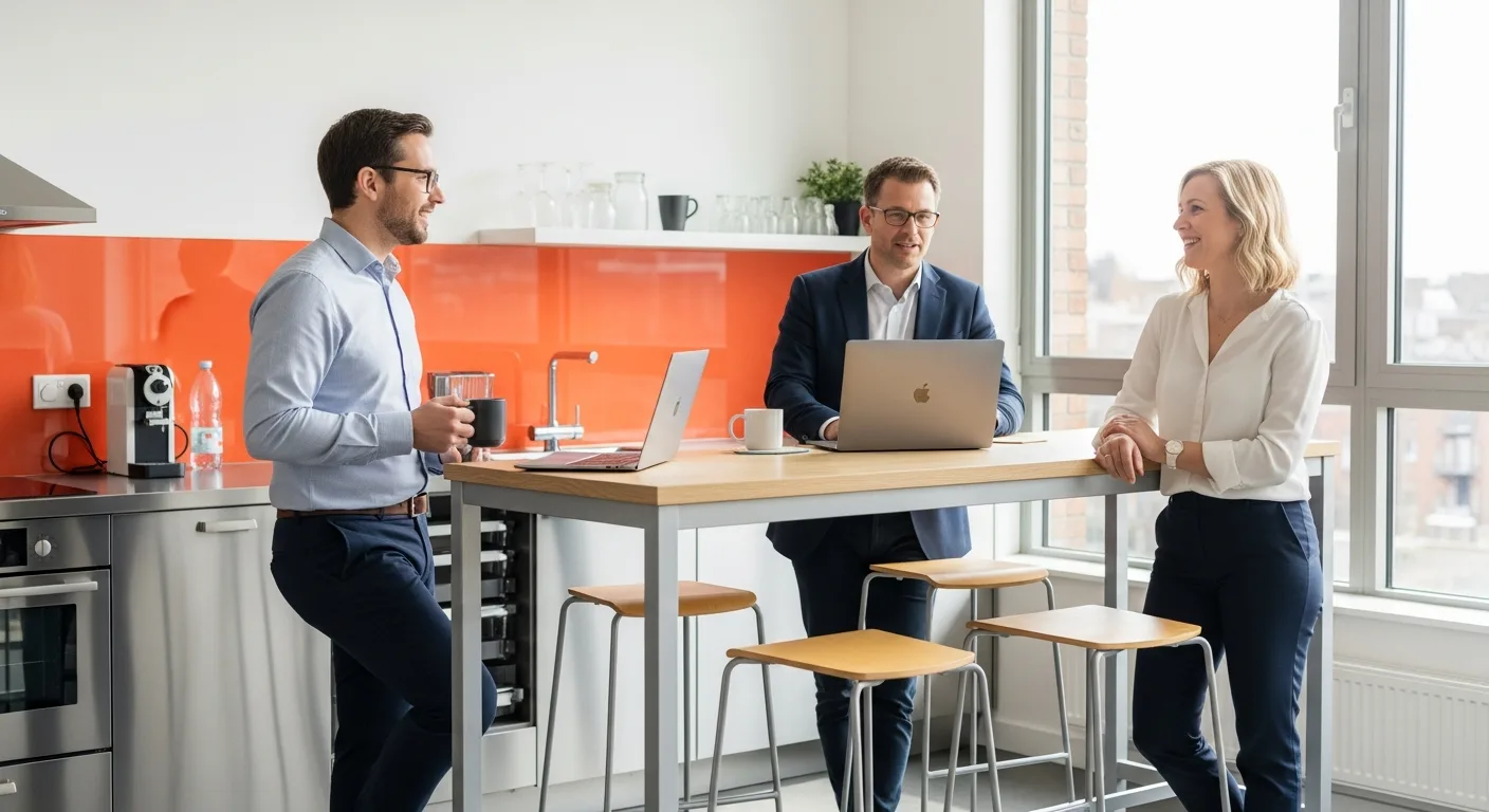Small agile team having informal standup meeting in modern office kitchen