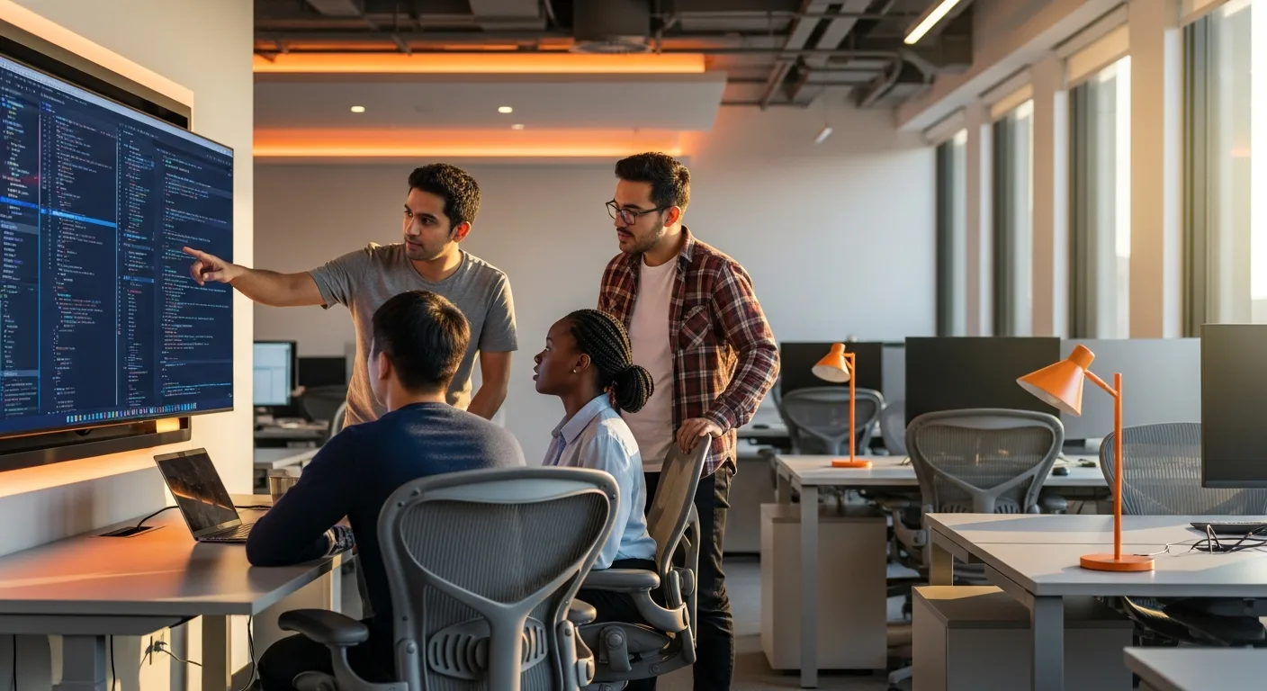 Team of PHP developers collaborating around a monitor reviewing backend code in a modern tech office