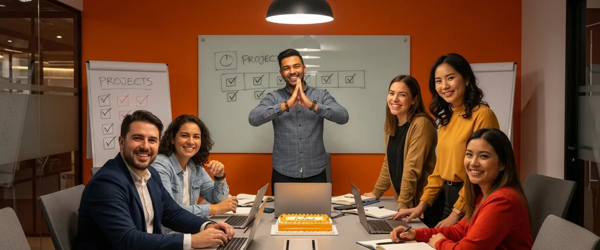 Diverse project team celebrating successful milestone in modern conference room