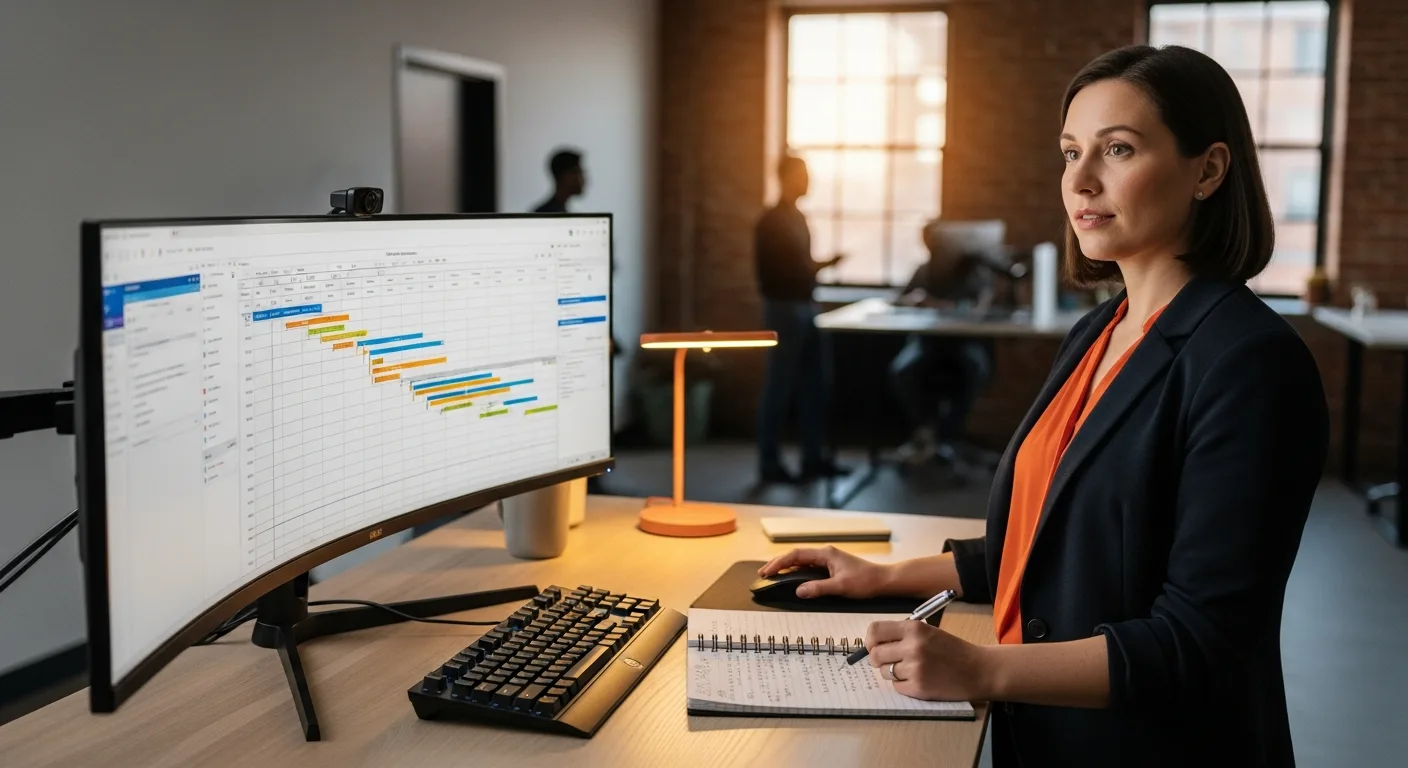 IT project manager reviewing Gantt chart and project timeline at standing desk workstation
