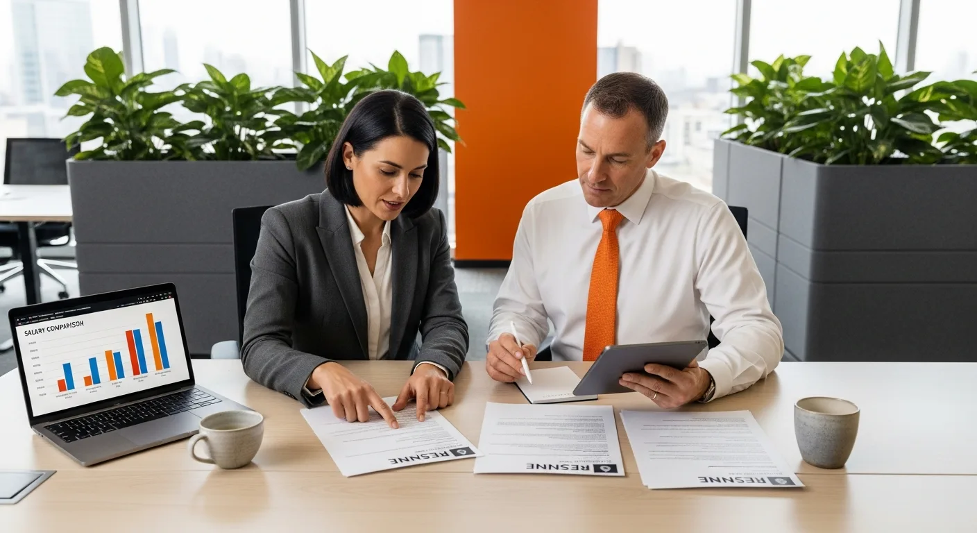 Hiring manager and recruiter reviewing project manager candidate resumes at desk