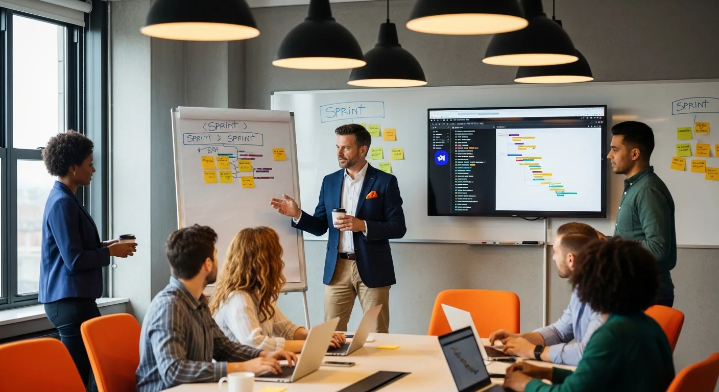 Project manager leading a standup meeting with cross-functional team in modern tech office