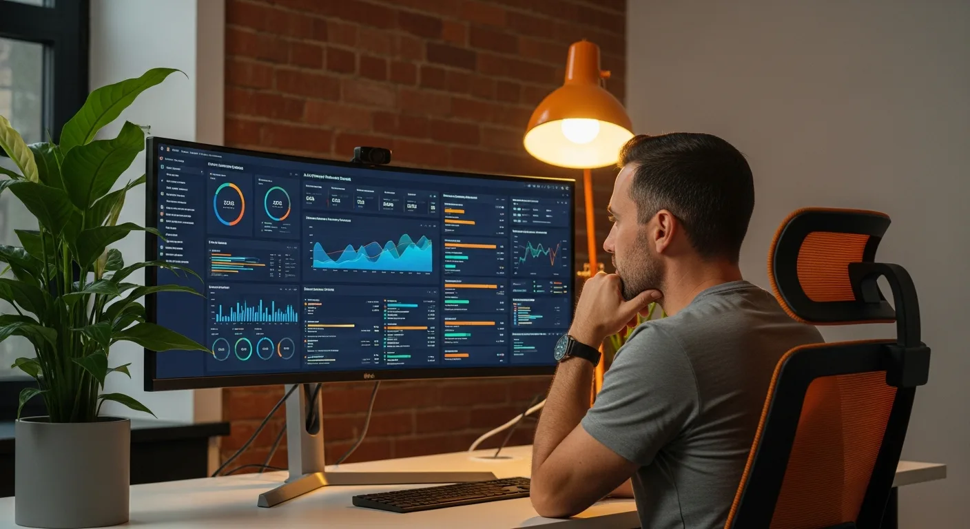 Software engineer reviewing AI prompt evaluation results and accuracy dashboards on an ultrawide monitor