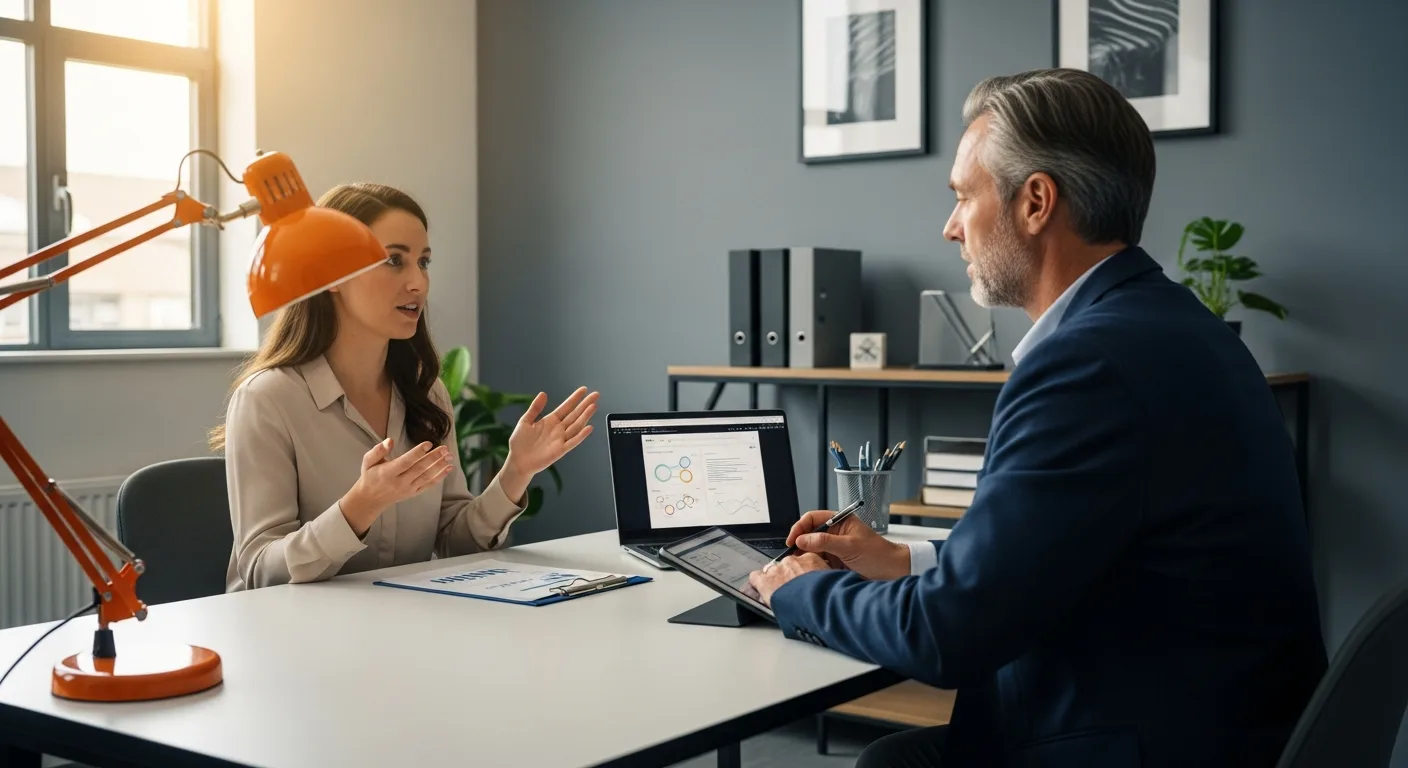 Hiring manager interviewing a prompt engineer candidate during a technical screening in a modern office