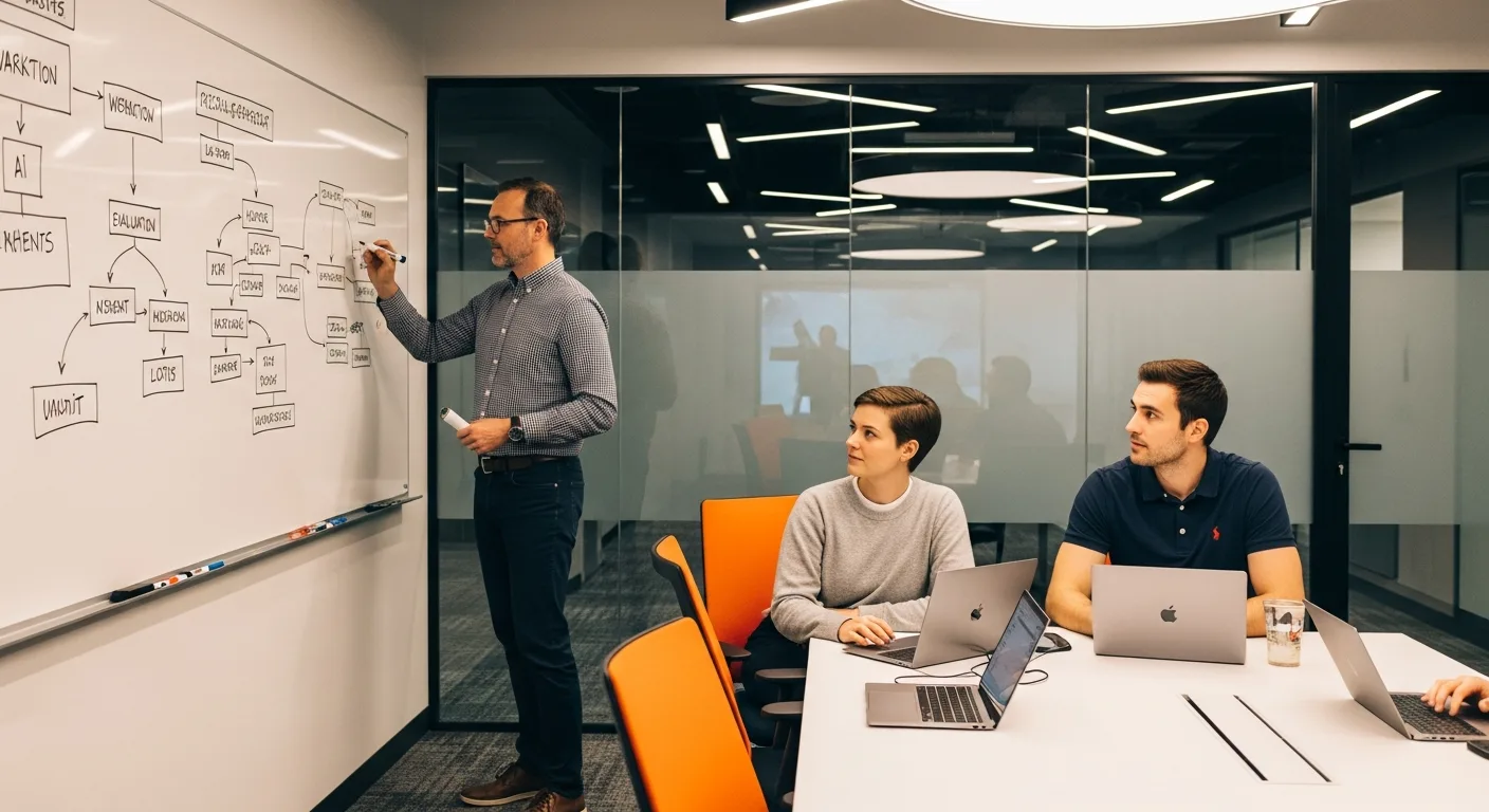AI engineering team collaborating at a whiteboard reviewing prompt evaluation workflow and metrics