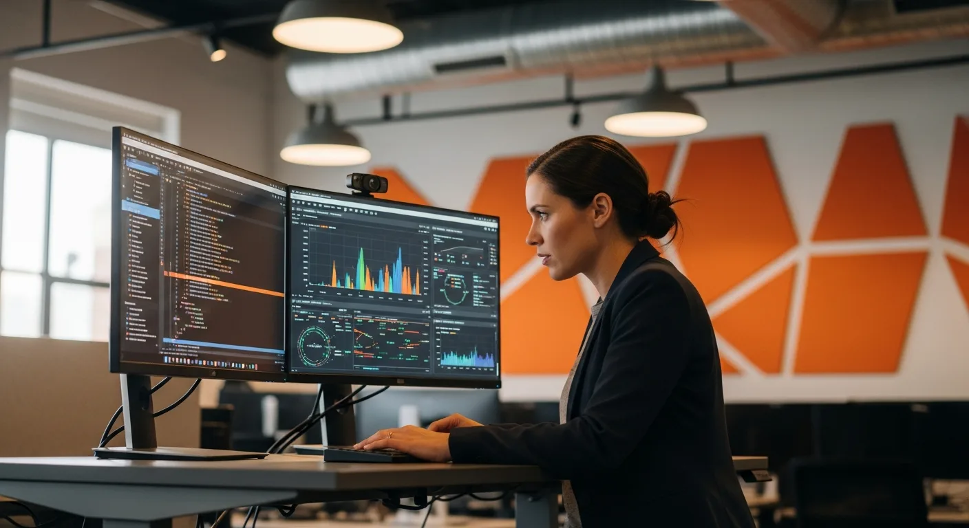 Prompt engineer analyzing AI model outputs at a dual-monitor workstation in a modern tech office