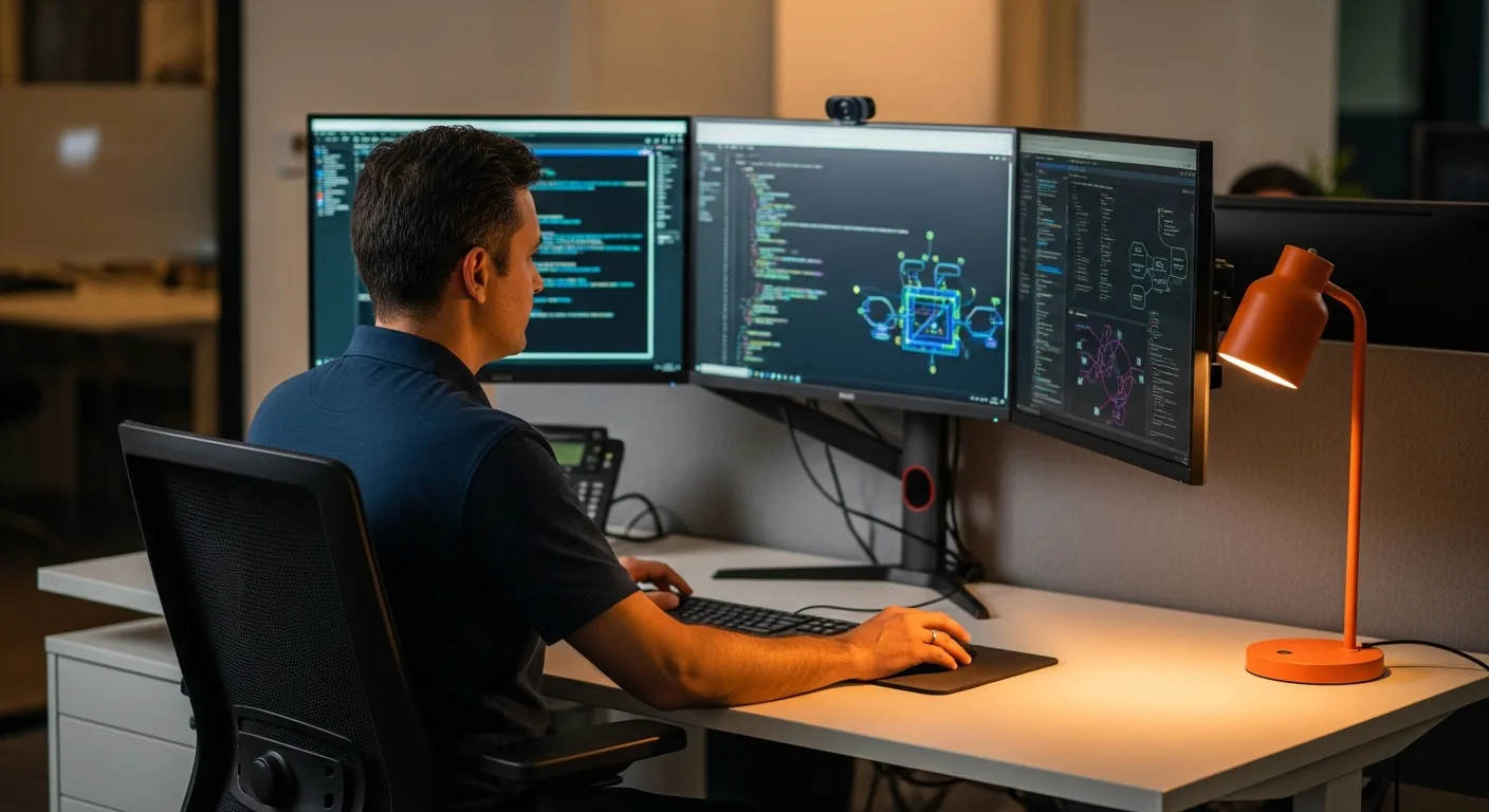 Senior Python developer working at triple monitor workstation with orange accent lamp in modern office