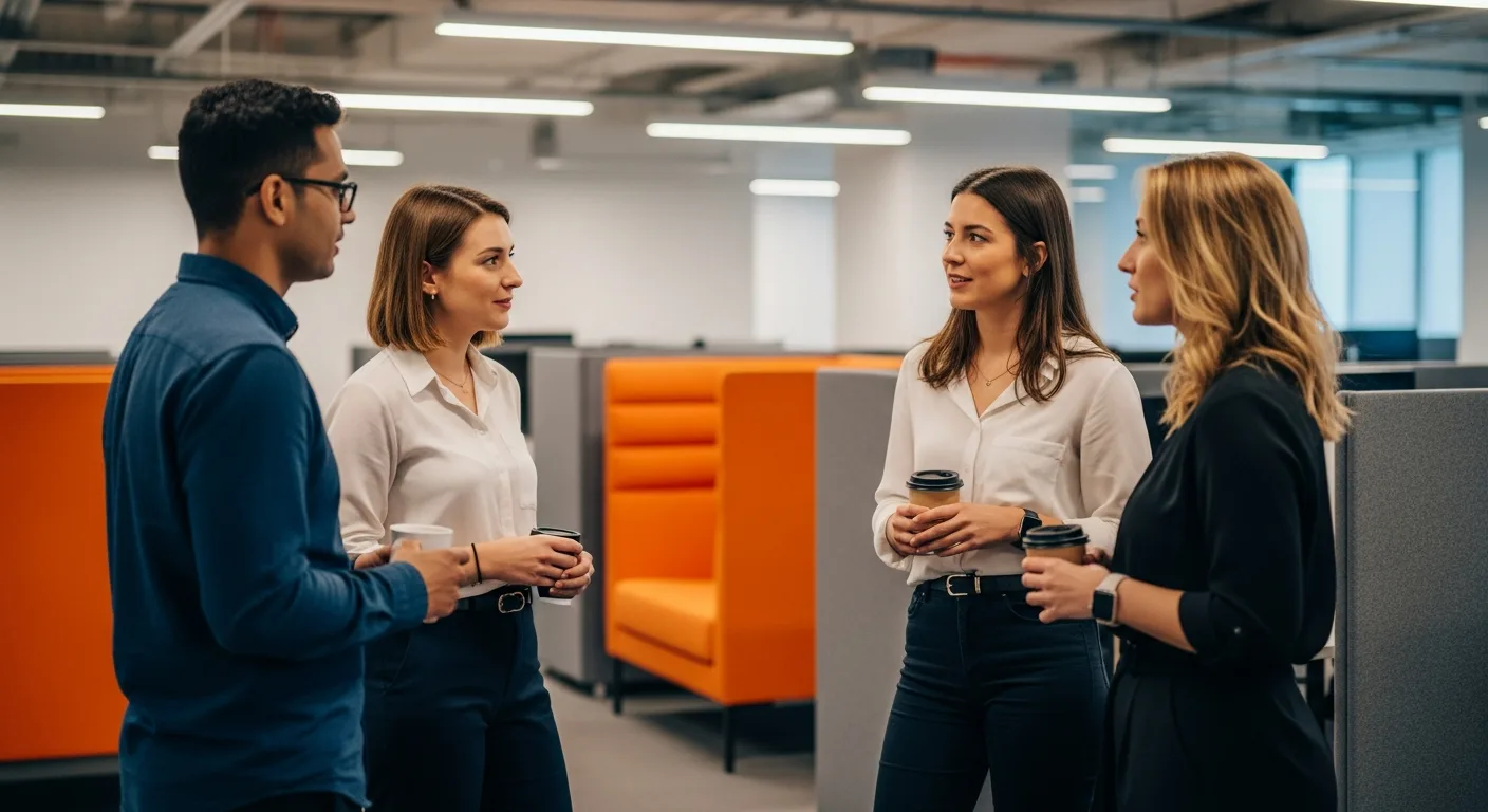 Python engineering team holding morning standup meeting in modern technology office with orange accent chairs