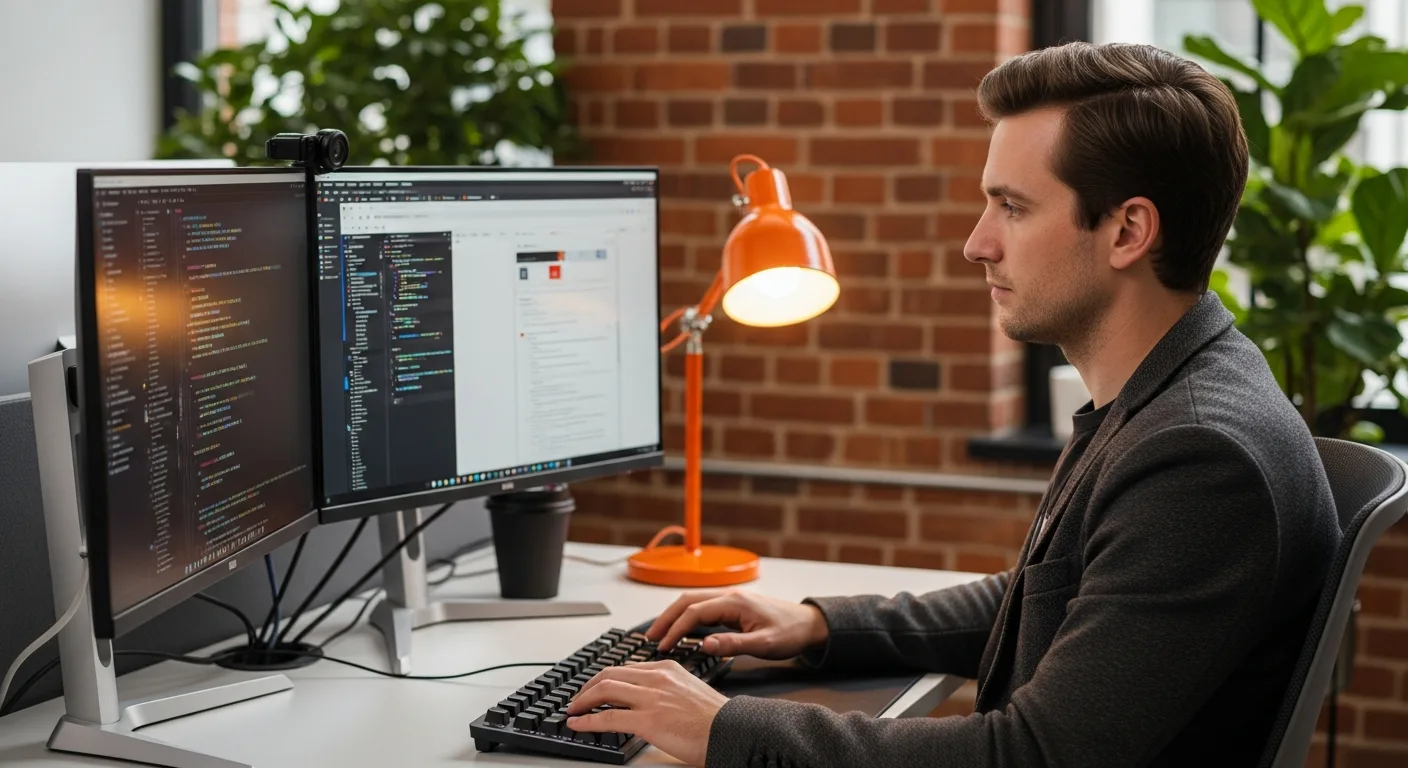 React developer coding at modern workstation with dual monitors and orange accent lighting