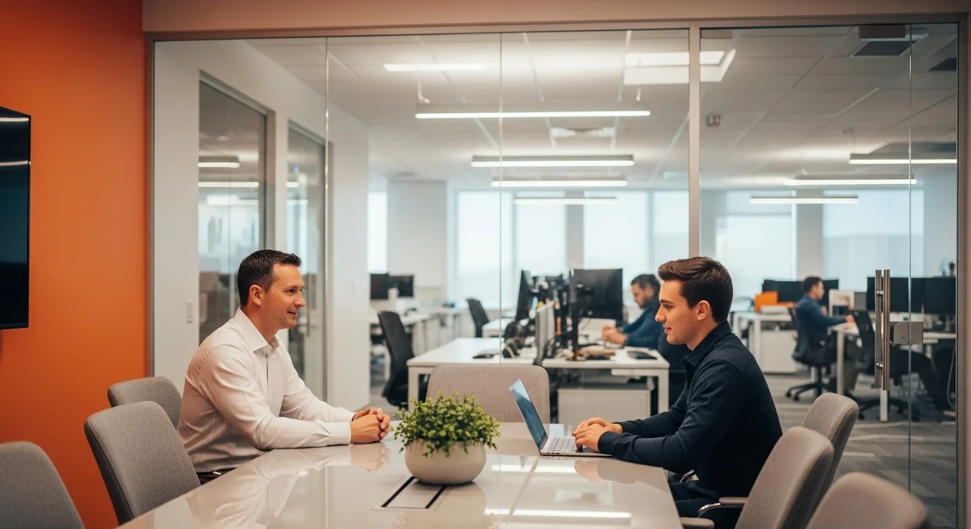 Hiring manager conducting technical interview with React developer candidate in modern conference room