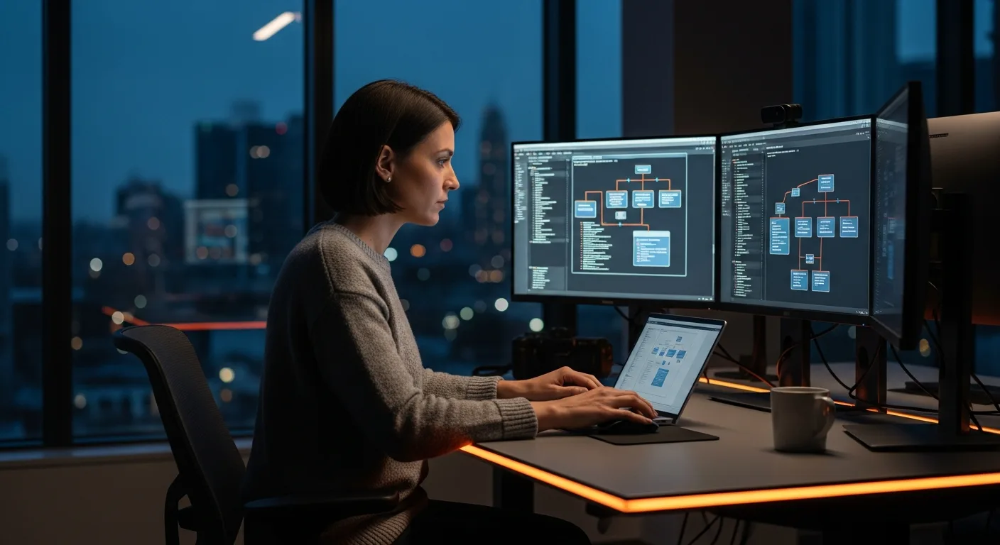 Senior software engineer working on complex React application architecture on three monitors