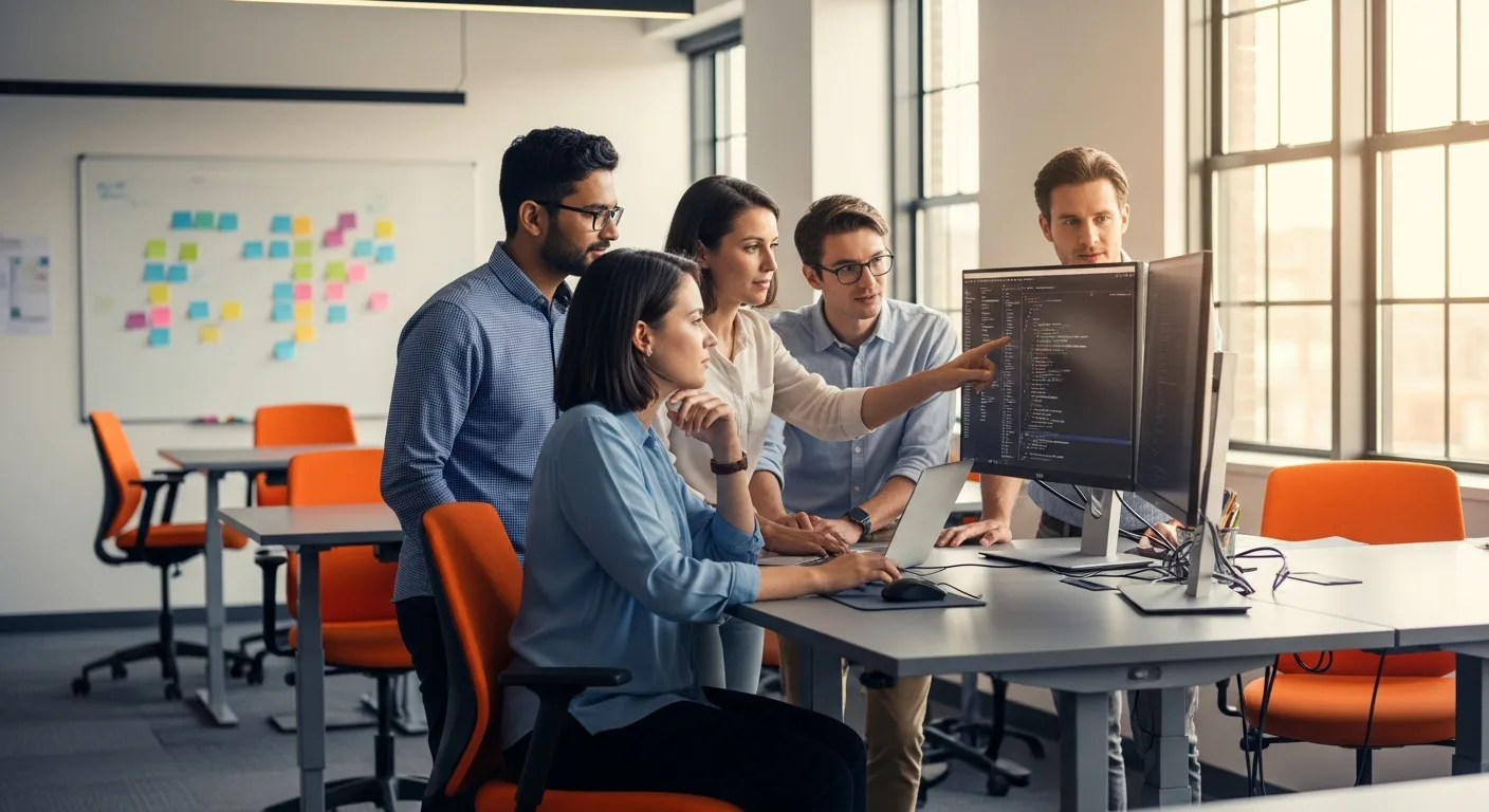 Diverse technology team collaborating on code review in modern open-plan office