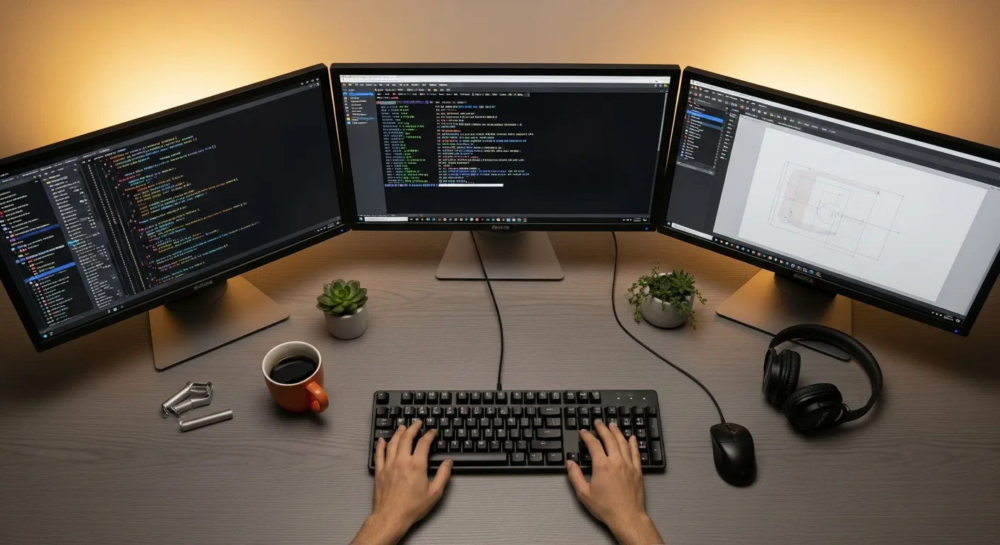 React developer workspace with three monitors showing component code and design files