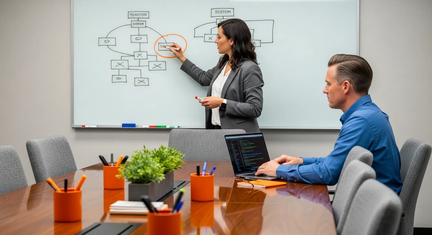 Two engineers conducting an SRE incident review meeting at a whiteboard with system architecture diagrams