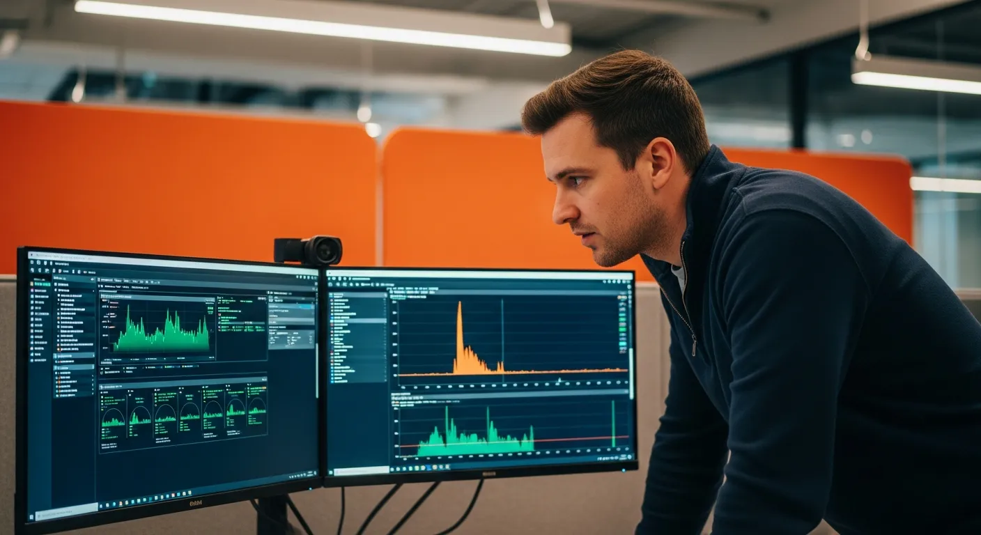 Site reliability engineer analyzing Grafana monitoring dashboards and Prometheus metrics at a dual-monitor workstation