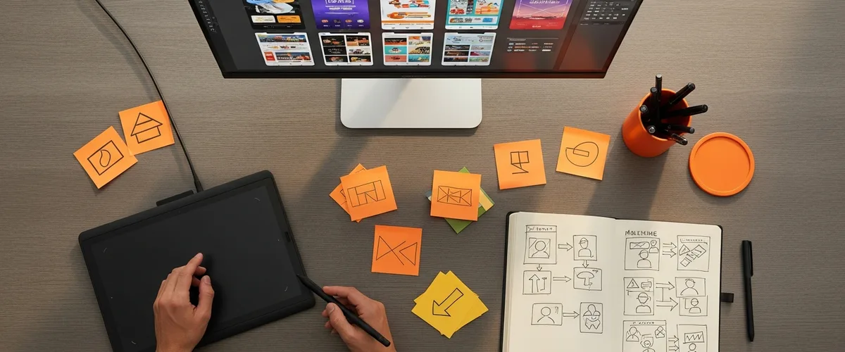 How to hire a UX designer guide featuring design workspace with prototypes and wireframes
