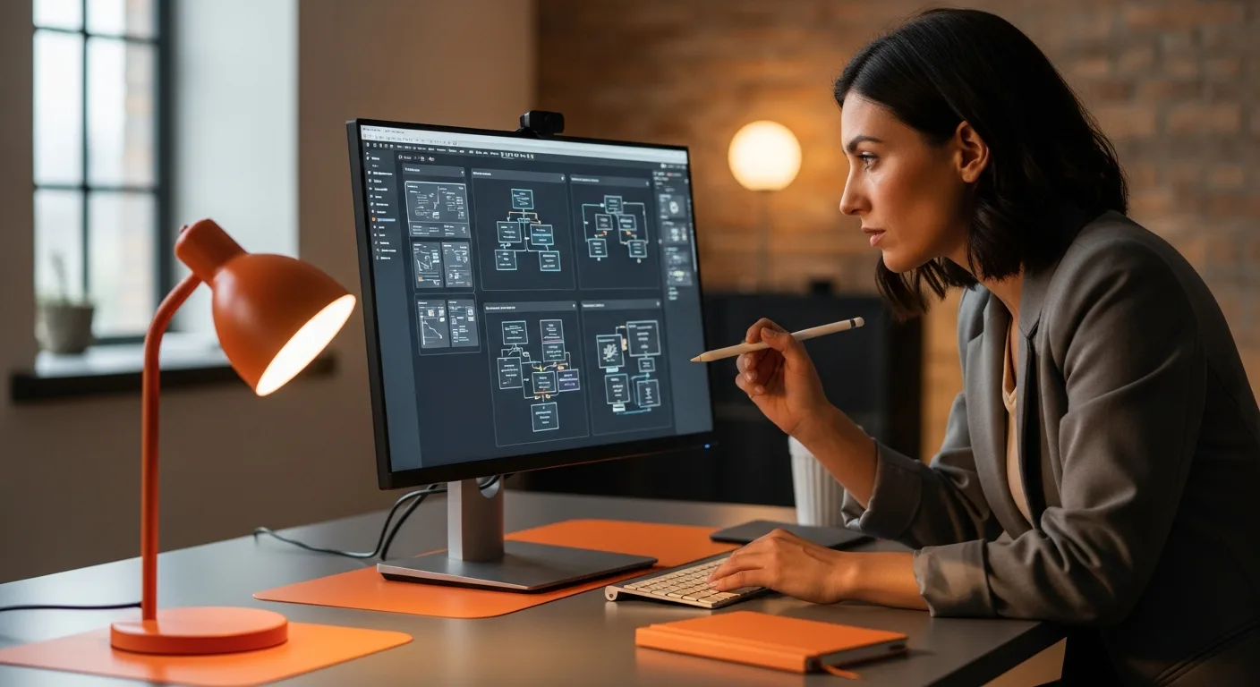 UX designer working with Figma wireframes and user flow diagrams at a modern workstation