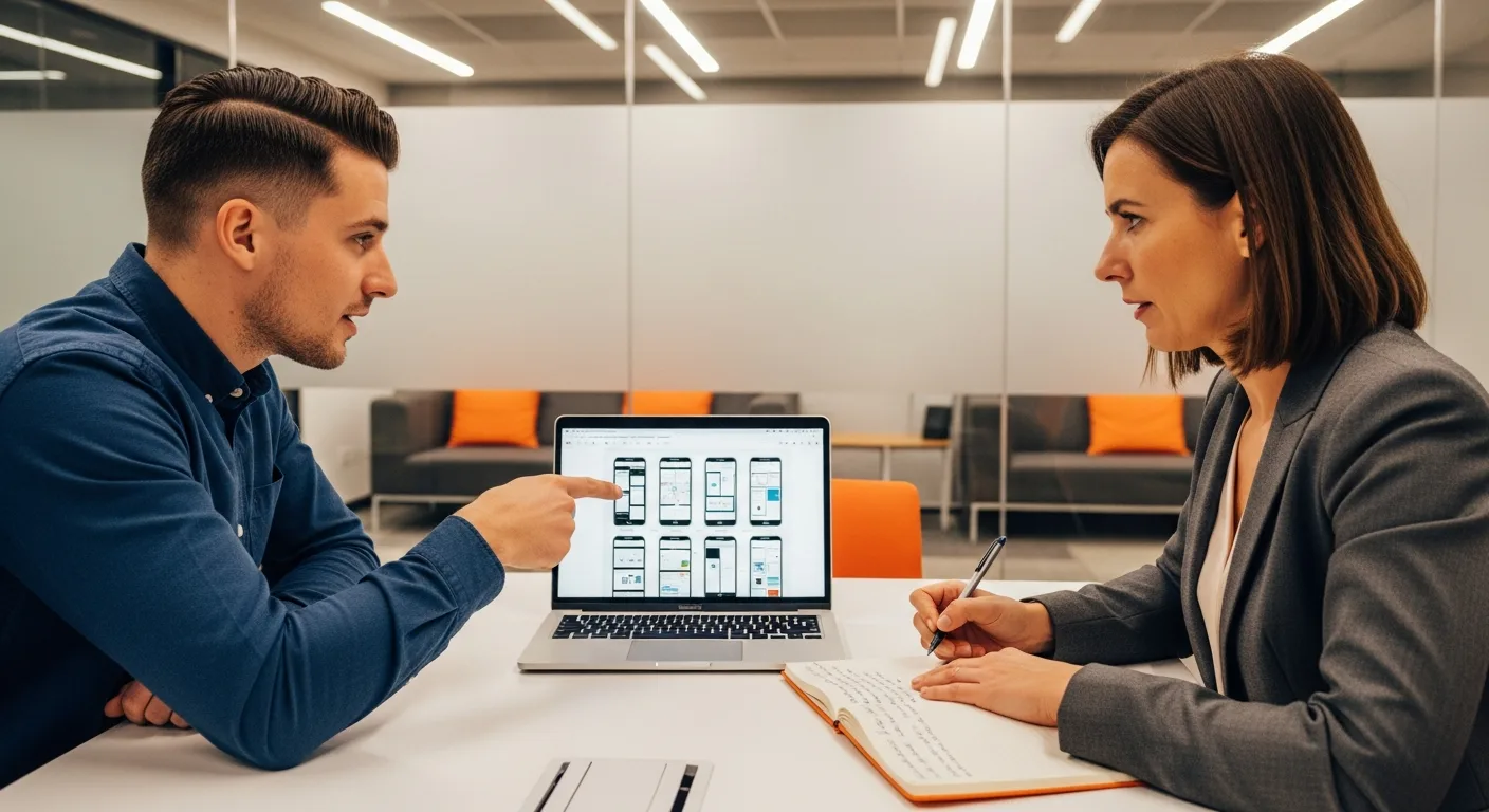 Hiring manager reviewing UX designer candidate portfolio during interview in conference room