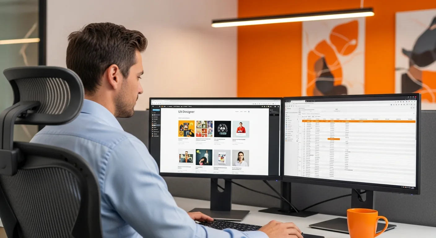 Creative staffing recruiter reviewing UX designer candidate profiles and design portfolios on dual monitors