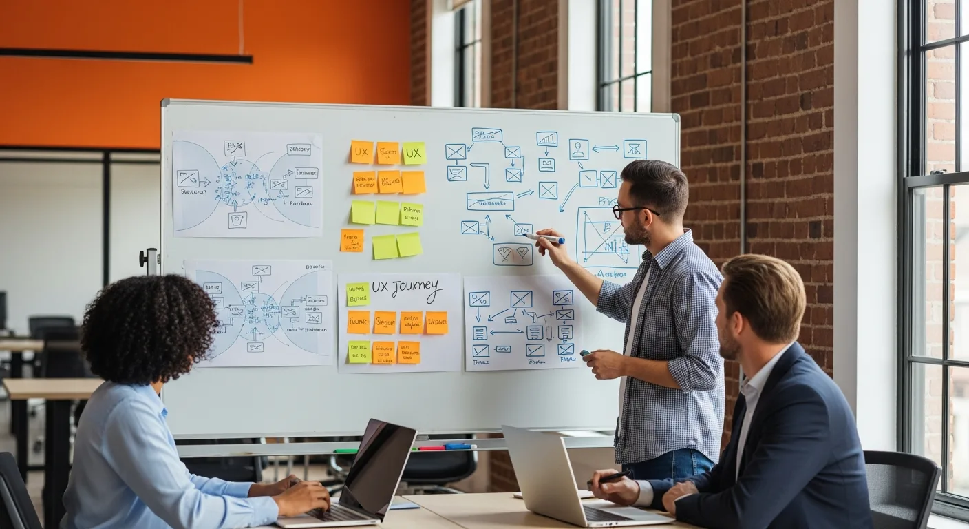 UX design team collaborating on user journey maps and wireframe sketches at whiteboard