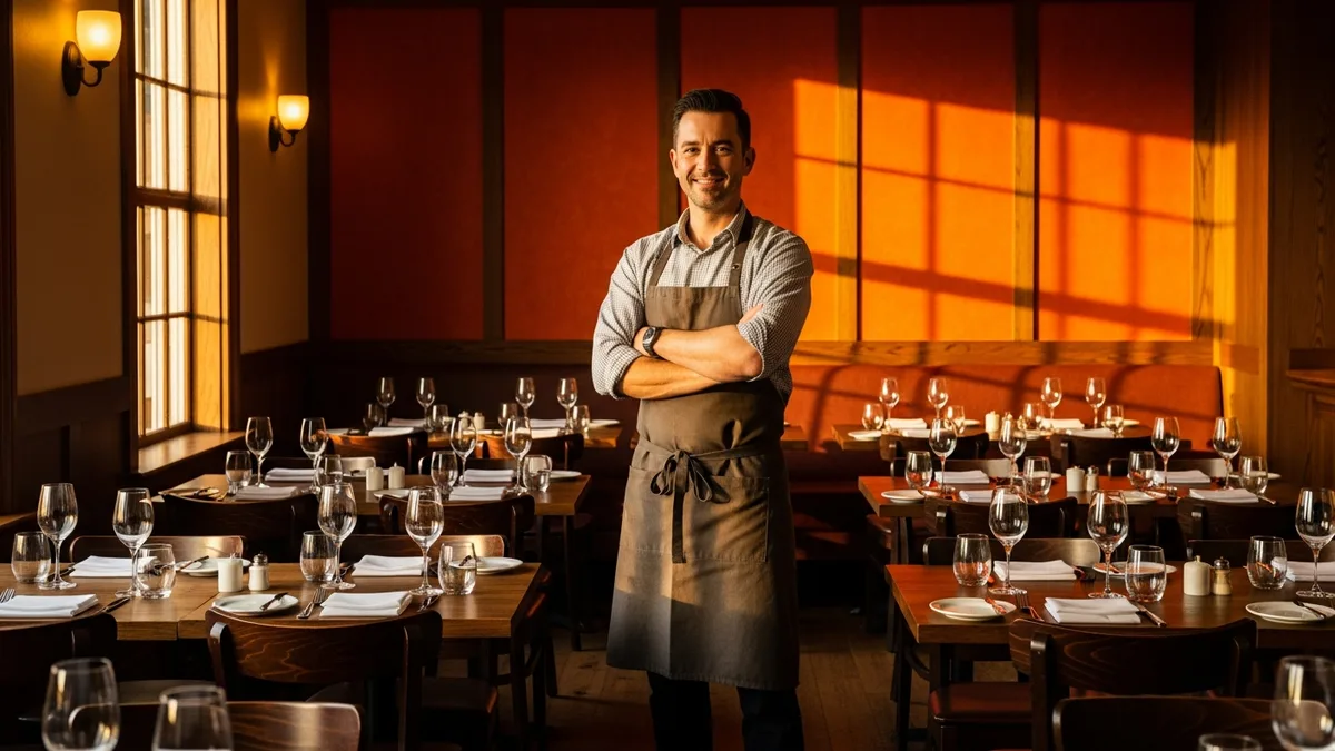 Independent restaurant owner reviewing operations in dining room, KORE1 payroll services for independent restaurants